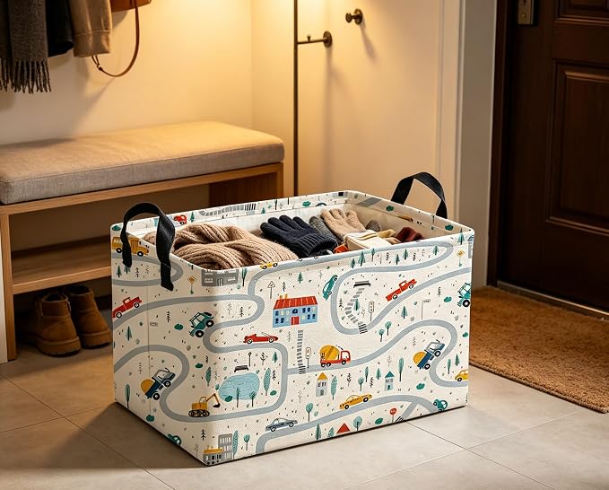 Rectangle Kids Baskets Car Basket Boys Storage Bin Fish Box for Room Decor Gift Basket(Road car)