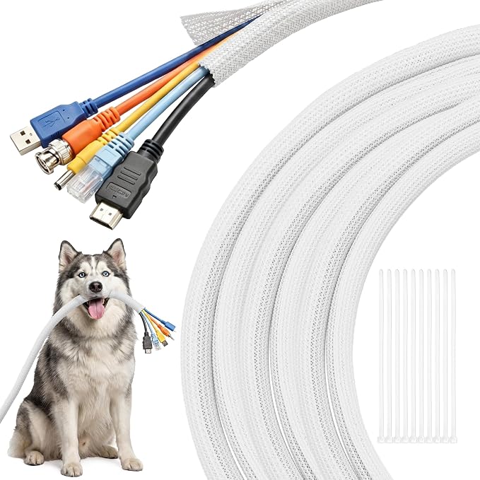 Delamu 30ft - 1/2 inch Cable Sleeve Cord Protector from Pets No Chew, Split-Braided PVC Wire Loom Tubing for Desk Computer USB TV Cord Organizer, Easy Set-up Cable Management Sleeve Kit, White