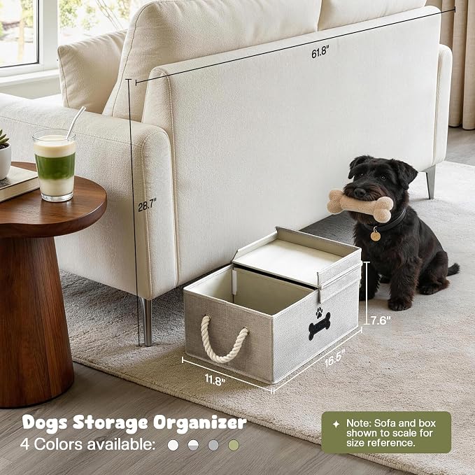Dog Toy Basket with Double-Open Lid, Divided Dogs Basket for Toys, Collapsible Pet Toy Box, Dog Storage Organizer with 2 Divided Area, Puppy Toys Baskets with Rope Handles, Gray