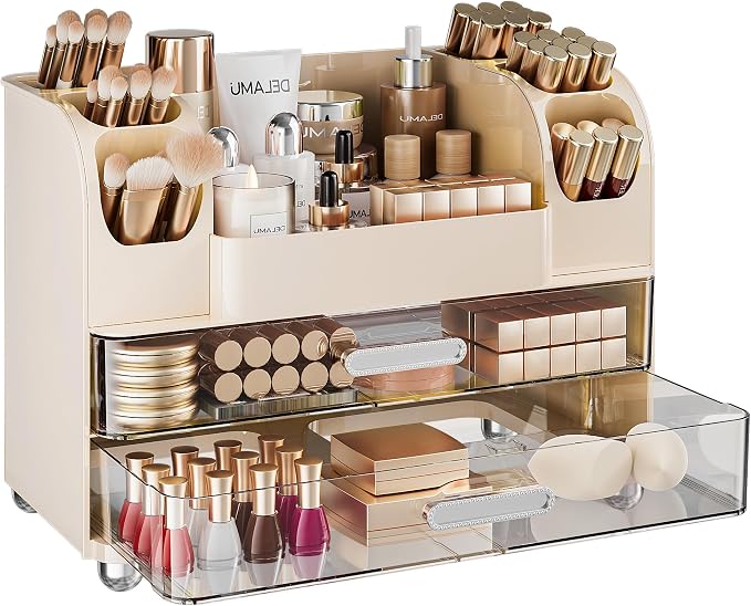 Delamu Large Makeup Organizer Countertop with 6 Brush Holders, Cream White