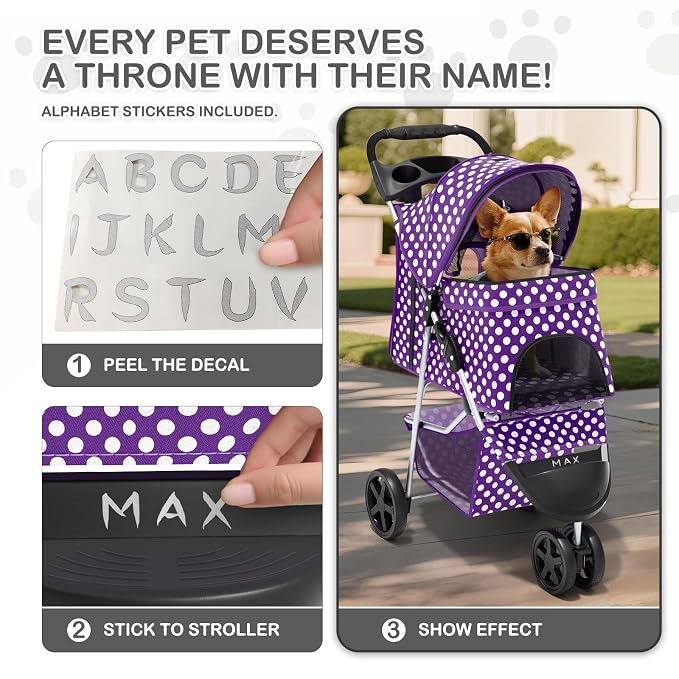 MoNiBloom Pet Stroller for Small/Medium Dogs and Cats, Purple Polka Dots | Foldable Dog Stroller 3 Wheels Pet Strolling Cart w/ Storage Basket Cup Holder, Breathable and Visible Mesh for All-Season