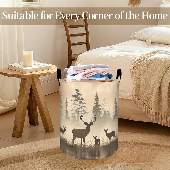 Vintage Deer Laundry Basket, Nature Wildlife Foldable Oxford Cloth, Waterproof Dirty Clothes Hamper with Handles, Clothing Storage Bin Toy Organizer for Bedroom Dorm Bathroom, 19.7"x15.7"