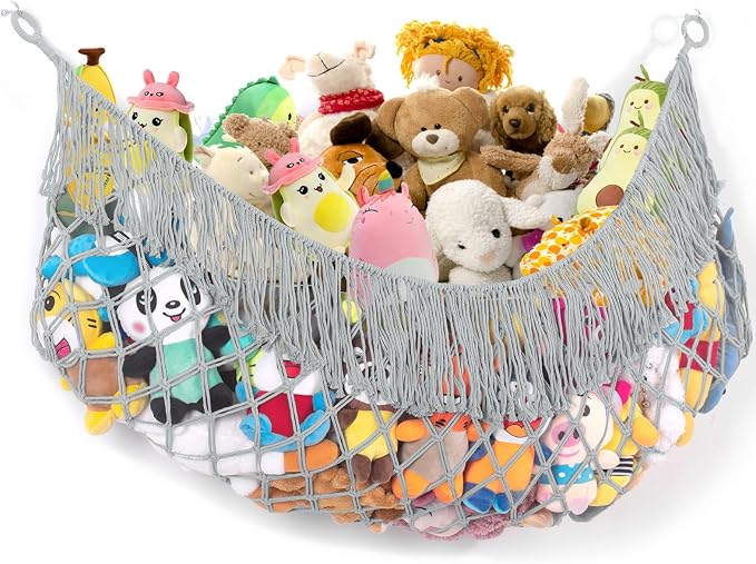 Stuffed Animal Hammock - Extra Large 56'' Long (Light grey) | Premium Cotton Hand-knitted, Beautiful Long Tassel, Storage Hanging Organizer, Can Fit Stuffed Animals 30 Piece or More