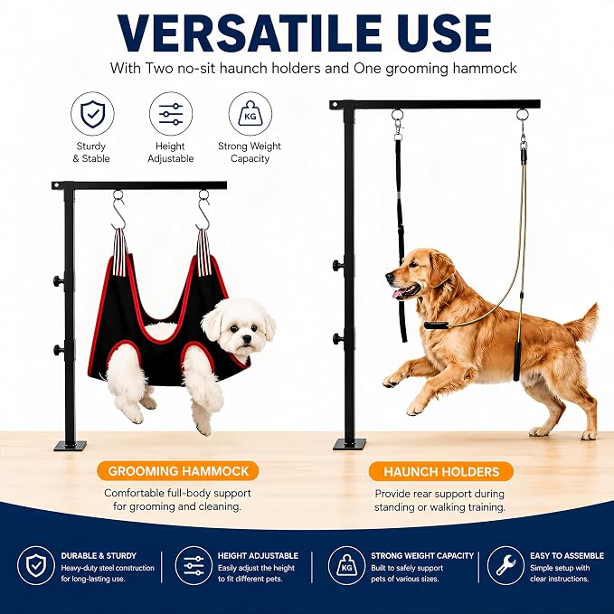 Adjustable Dog Grooming Arm & No-Sit Holder, Height 26"-40 | Adjustable Pet Grooming Arm for Small to Large Dogs, with Grooming Loop, Hammock & No-Sit Haunch Holder
