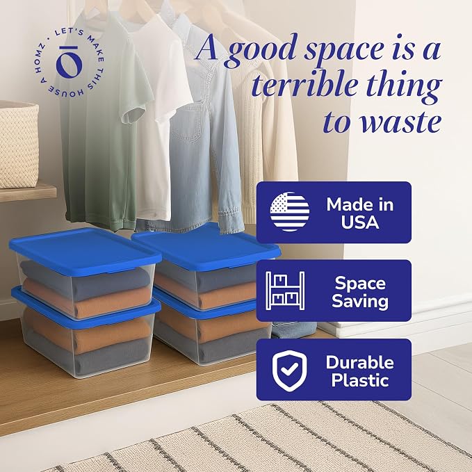 HOMZ 4-Pack Snaplock, Small Clear Plastic Storage Organizer Bins w/Lids, 12 Quart, Blue - Stackable Container Boxes for Bedroom, Bathroom, Garage, and Office Organization
