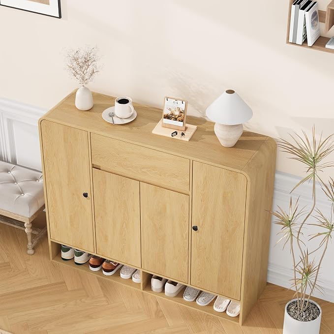Garvee Shoe Cabinet with 4 Doors and 1 Drawer, Freestanding Wood Shoe Storage Organizer with Open Bottom Shelf, Modern Entryway Shoe Cabinet for Hallway, Foyer, Natural Oak