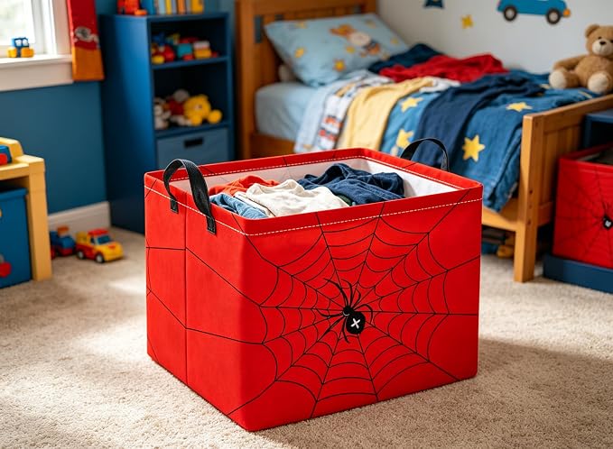 Rectangular Baby Kids Storage Basket for Home Kitchen Girls Cute Toy Storage Bin Organizer Shelf Book Room Decor(Red Spider)