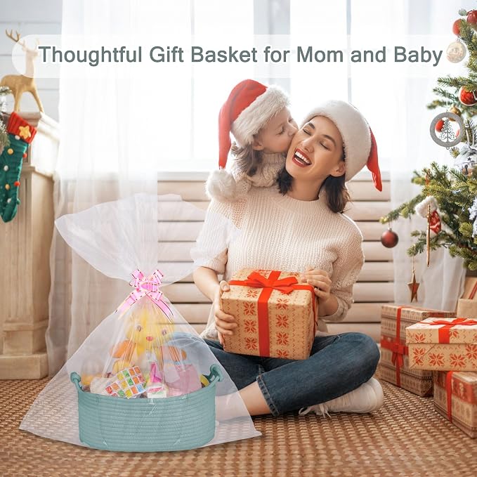 COMSE Small Gift Basket Empty with Bag & Ribbons, Solid Light Green | Cotton Rope, 12"x 8"x 5", Pet Toy Storage Organizer, Woven Basket for Birthdays, Baby Showers, Mother’s Day, Valentine’s Day