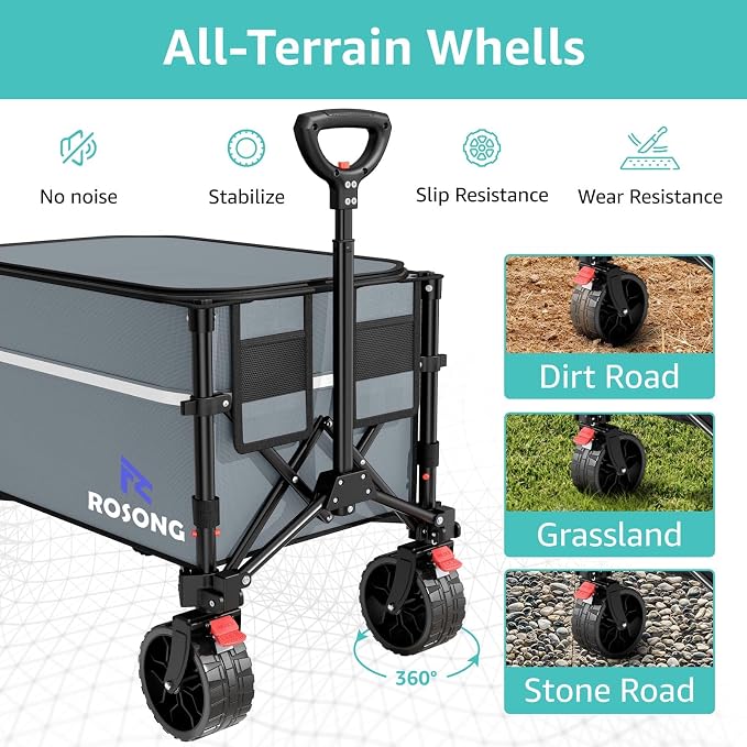 ROSONG Collapsible Wagon Cart with Wheels, Grey with Cover, 120L | Foldable, Folding Utility, Heavy Duty, For Grocery Sports Garden Shopping Camping