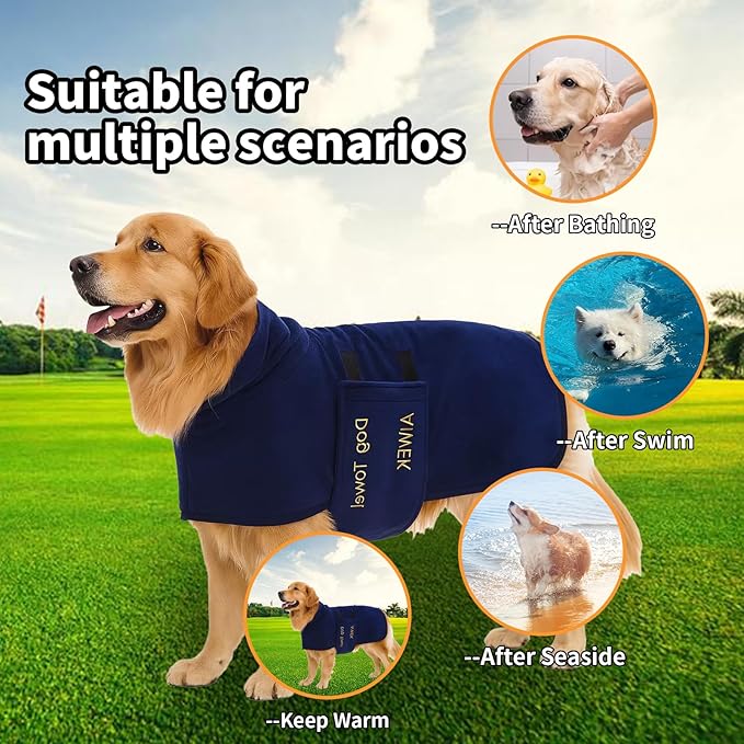 Dog Towel Dog Bathrobe, Microfiber Super Absorbent Pet, Quick Drying Robe for After Bath, Adjustable Collar & Belly Strap Pet Cat Bath Robe Towel Blue-XL
