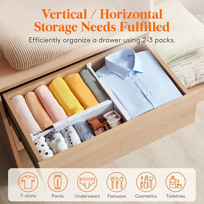 Lifewit 6 Pack Drawer Dividers for Clothes, 10.9-16" Adjustable Drawer Organizers, 4" High Plastic Expandable Drawer Separators in Bedroom/Office/Bathroom/Kitchen Storage, White | 6 Pack 11"-17" Expandable White Plastic Drawer Separator for Dresser, Ki...