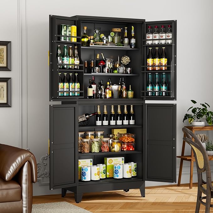Black Kitchen Pantry Storage Cabinet, 75" Metal Storage Cabinet | Steel Storage with Doors and 3 Adjustable Shelves, Metal Freestanding Buffet Cupboards Sideboard, for Office, Home, School