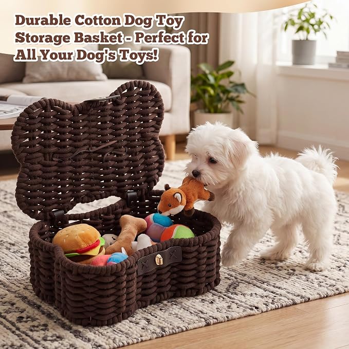Novabright Bone Shaped Dog Toy Basket with Lid, Cotton Rope Woven Pet Toys Bin with Latch and Handle, Handmade Dog Toy Organizer Storage Brown Bin for Puppy 15" x 11.2" x 6.5"