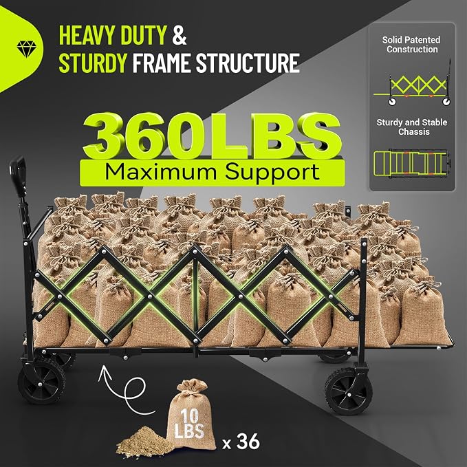 43'' Extra Long Folding Wagon with Extended Tailgate, Green | Wagons Carts Foldable, 360LBS Heavy Duty, Compact Portable, Utility Collapsible for Shopping/Beach/Garden/Camping/Sports