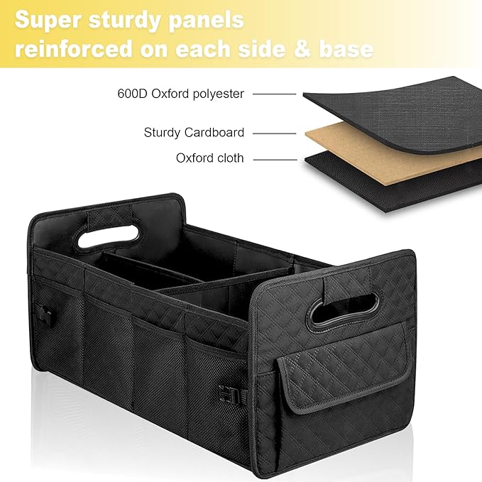 JiatuA Car Trunk Organizer for SUV, Collapsible Car Storage Organizer Black | Sturdy, Large Capacity, Diamond Decor, Multi Compartment Container Box Adjustable Car Accessories for Sedan Truck