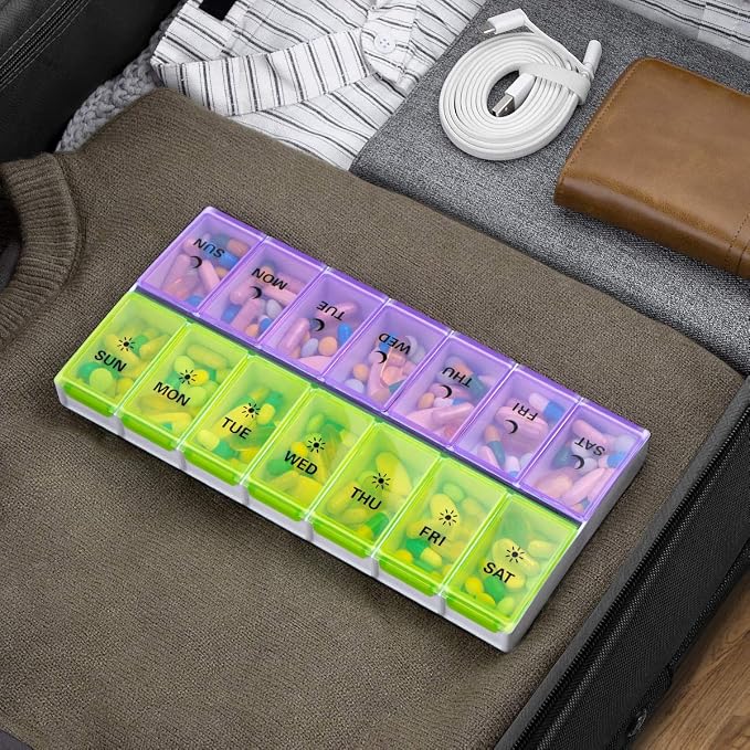 DANYING Extra Large Pill Organizer 2 Times a Day, XL Weekly Pill Box, AM PM Pill Case, Pill Container 7 Day, Vitamin Case Twice a Day, Green & Purple