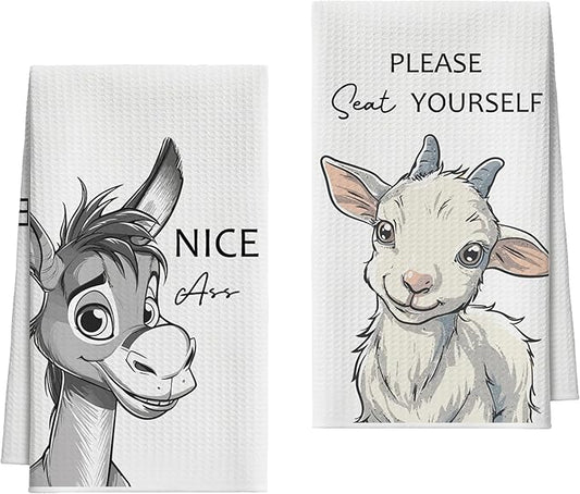Kitchen Towels Set of 2, Farm Animal Dish Towel for Kitchen, Donkey Sheep Bathroom Decorative Hand Towels, Fast Drying Tea Towel with Slogans, Housewarming Gifts for Women Mom -B23