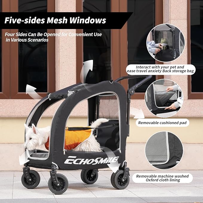 EchoSmile 4-Wheel Pet Stroller for Dogs & Cats, Up to 135 lbs, Black | Lightweight Carrier · Storage Basket Included · Adjustable Handle · Removable Pad