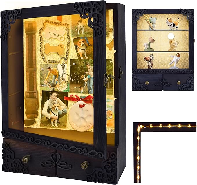 11x16 Pet Memorial Shadow Box Frame with Shelves, Black