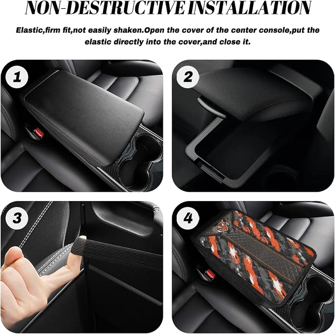 Howilath Center Console Armrest Cover, Soft Cushion with Pockets | Tiger Print Stretch-on Elastic Band, No Tools, Protects From Spills and Scratches, Fits Sedan/Truck
