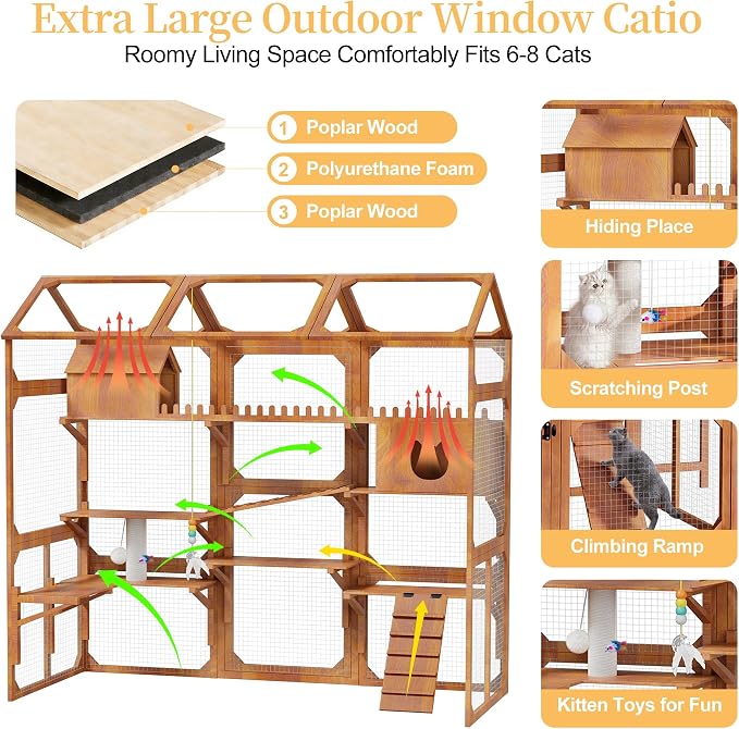 Large Outdoor Cat Enclosure Wooden Catio with Multi-Level Play Platforms, Climbing Ramps, Resting Boxes, Pom-Pom Toys & 2 Plant Stands, Weather-Resistant Roof & Wire Mesh for Backyard Patio, Brown