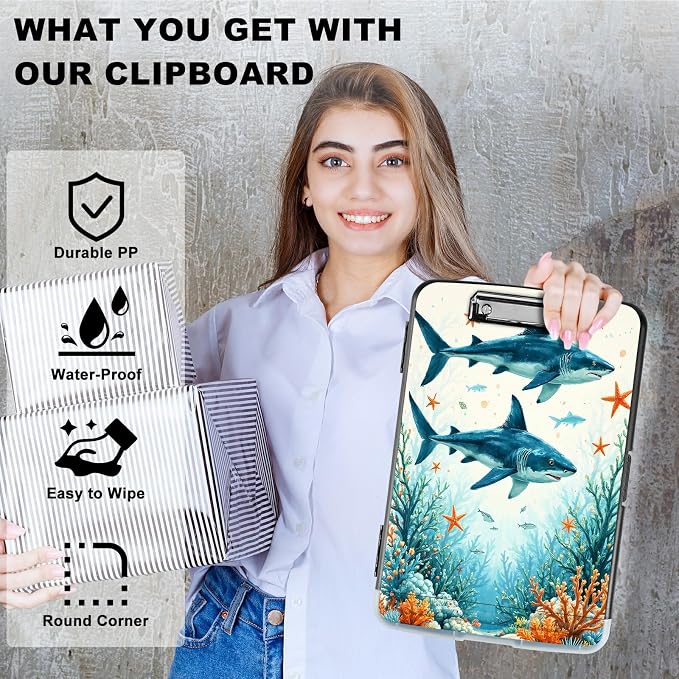 A4 Clipboard with Storage Pen Holder, Clipboards Organizer Nursing Clipboard Foldable File Folder Plastic Clipboard Folio Clip Board for Office Work Classroom Doctor, Tuna Under the Sea