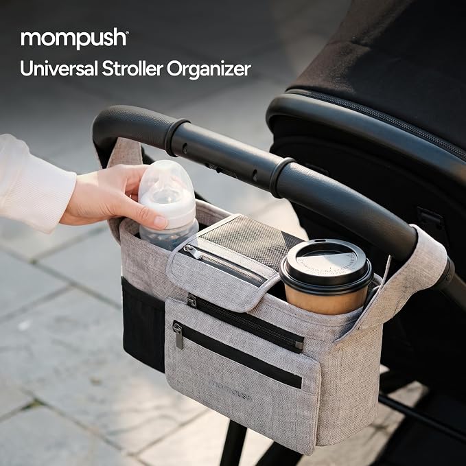 Mompush Universal Stroller Organizer Caddy with Insulated Cup Holder | Large storage capacity, multiple pockets, detachable zippered pouch, secure Velcro straps, universal stroller fit