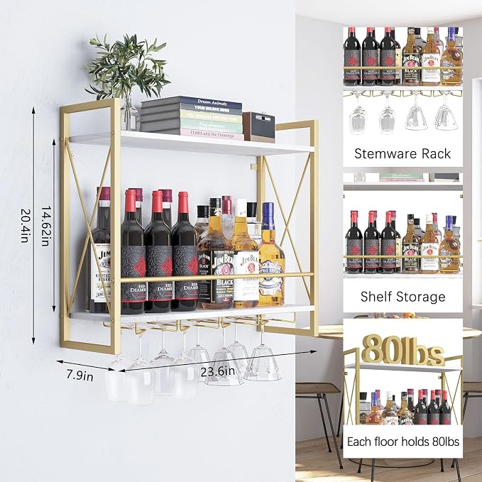 Dokser Wine Rack Wall Mounted 2 Tier Shelf Wine Bottle Holder for Kitchen | Gold 2 Tier Wall Wine Rack with Rustic Wood & Industrial Iron Frame, Wine Bottle Holder for Dining Room, Home Bar Decor