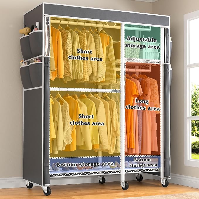 Raybee Clothes Rack with Cover, Rolling Portable Closet, 4 Hanging Zone | Heavy Duty, Tool-free Assembly, Adjustable Shelves, Lockable Wheels, Freestanding, Covered, Saving Space for Bedroom,Dorm