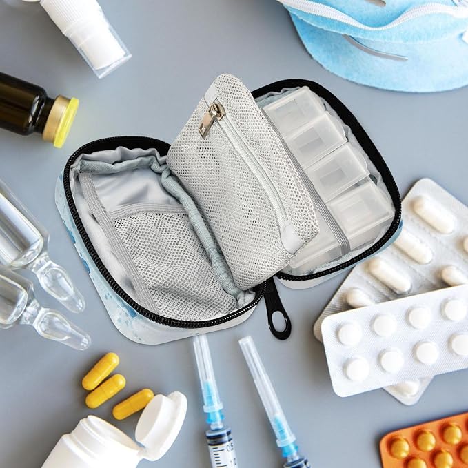 Fustylead Watercolor Sea Turtle and Coral Fish Pill Organizers 2 Times A Day Pill Case Bag with Zipper Portable Weekly Pill Dispensers for Vitamin Supplement