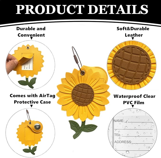 PU Leather Luggage Tag with Airtag Holder Case Set and Name ID Label | Hidden Compartment for AirTag Travel Suitcase Tracking Case with Stainless Steel Loop,Cute Fruit Plant Styles,Sunflower