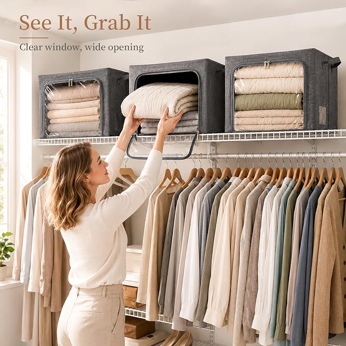 GoMaihe Clothes Storage Bins with Metal Frame for Sweaters, 40L 6-Pack Grey | Seasonal Clothes Hoodies Jeans, Closet Top Shelf Linen Closet Organizer, 3 Side Access Stackable Collapse-Proof, Clear Window