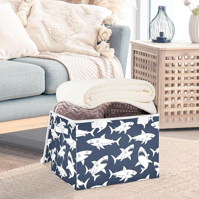 Ocean Angry Sharks Storage Bins with Lids Closet Bedroom 40L Storage Basket | Decorative Storage Boxes, Foldable & Stackable, Dust-Proof Flip Top, Reinforced Handles, For Home & Dorm, Clothes & Toy Box