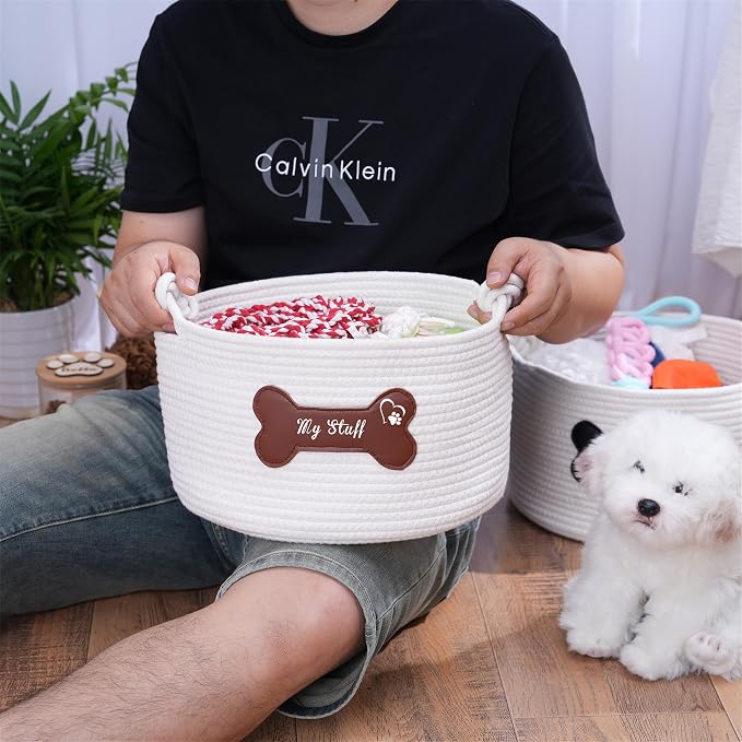 JUPPE Pet Dog Basket with Personalized Name, Dog Toys Storage Organizer Custom Cotton Rope Basket Nursery Decor (Pet Dog Basket)