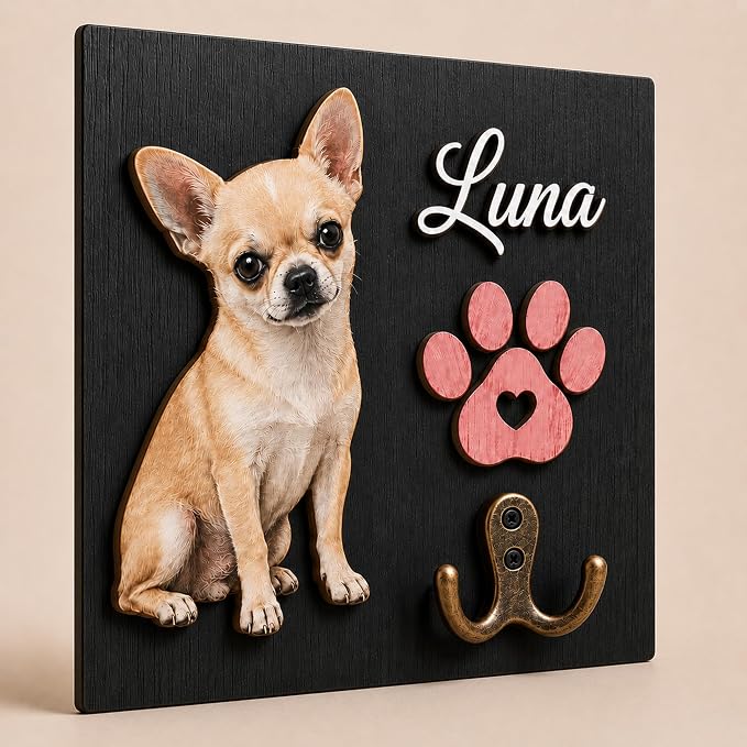 Personalized Dog Key Hook for Wall Mount with Custom Portrait & Name, Paw Print Wooden Wall Organizer, Pet Collar and Harness Holder, Key and Leash Rack for Entryway, Home Decor for Pet Lovers