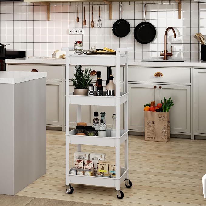 STEEHOOM 4 Tier Rolling Cart with Handle, Utility Cart with Table Top Easy Assembly Bathroom Storage Cart on Wheels for Office, Living Room, Kitchen, Craft Room, White