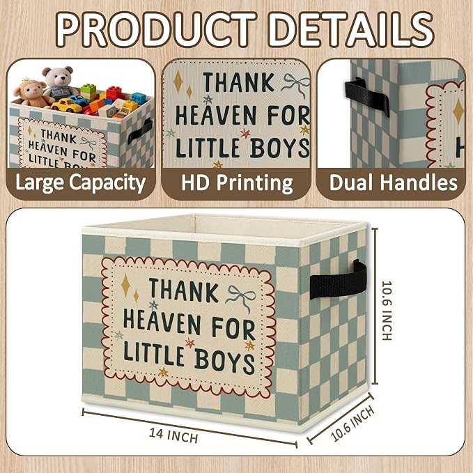 Boy Nursery Cube Storage Bins with Handles, Thank Heaven for Little Boys Blue Checkered Collapsible Fabric Storage Basket Boxes Books Clothes Organizer for Kids Boys Room Bedroom Bathroom