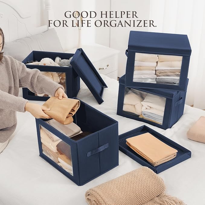 Stackable Storage Bins with Lids - Large Storage Box with Lids, Foldable Closet Boxes for Organizing, Wardrobe Clothes Organizer with Window, Cubes Bins for Living Room, 3 Pack, Navy Blue