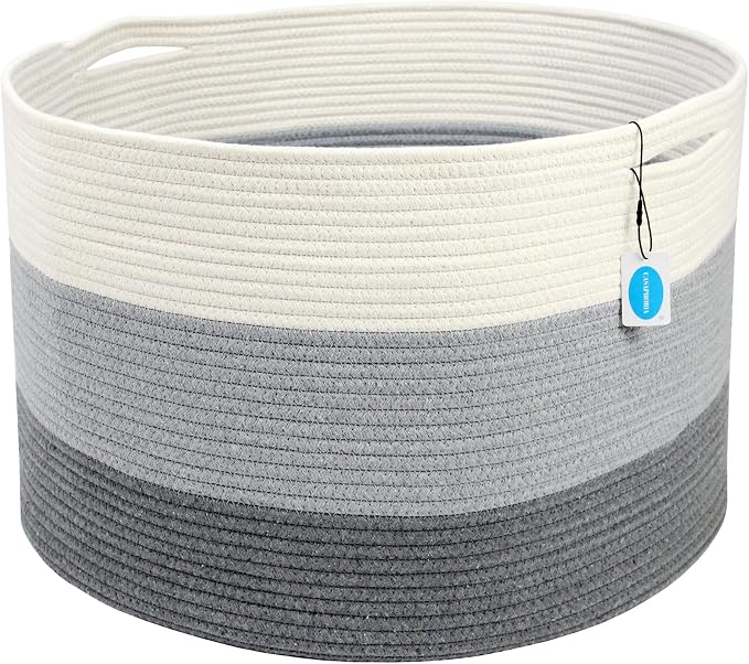 Casaphoria XXXLarge Cotton Rope Basket for Living Room - Woven Storage Basket with Handle for Blankets, Towels and Pillows Laundry Hamper | Light Gray (22" x 22" x 14")