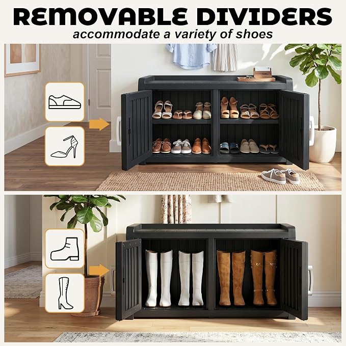 ROJIK Shoe Cabinet Waterproof UV-Resistant,Storage Bench Indoor Outdoor with Adjustable Shelves,for Entryway Bedroom,Hallway,Living Room(Double Door, Deep Black)