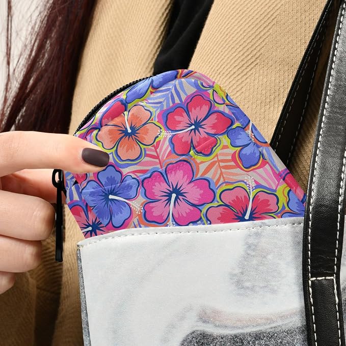 Fustylead Colorful Summer Hibiscus Flower with Palm Leaf Pill Organizer and Storage Weekly with Zipper, Removable Pill Box Portable Medicine Organizer for Vitamin Fish Oil Supplement