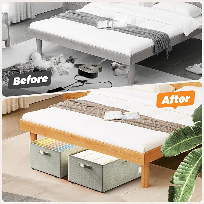Dayacoco Under Bed Storage With Wheels,10in Underbed Storage Containers 65L | Large Capacity Underbed Storage, No Assembly Required Rolling Under Bed Storage for Clothes Blankets Shoes Beige
