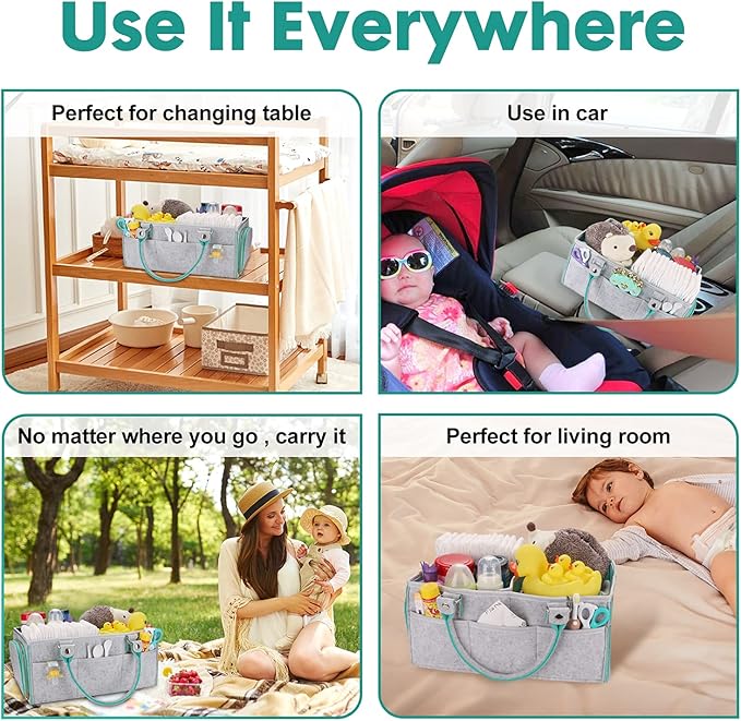 XUANGUO Large Baby Diaper Caddy Organizer, Felt Basket with Handles, Green | Nursery storage bin with dividers; portable tote bag for baby stuff, changing table or car, baby shower and registry gifts.