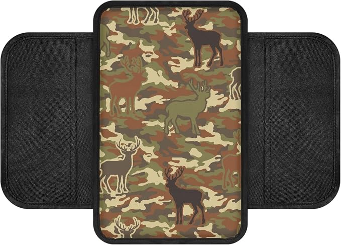 Howilath Auto Center Console Cover, Soft Armrest Pad with Pockets | Camo Deer Pattern Machine Washable, Comfortable Elbow Support, Universal Fit for Most Vehicles