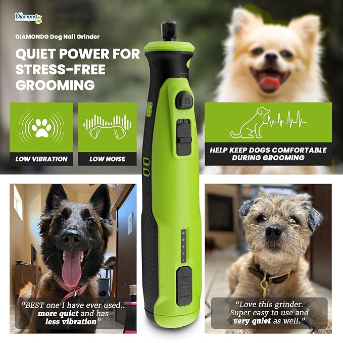 Diamondg Cordless Dog Nail Grinder - Quiet Sound with LED Light, Green | 5-Speed Rechargeable Pet Nail Trimmer for Small & Large Dogs, USB-C Charging, 4hrs. Runtime, Painless Dog Nail Grinding Kit