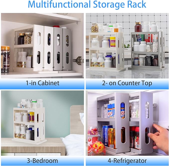 Dutiplus 3-Tier Medicine Organizer Cabinet Storage Rack with Pull-and-Rotate Design for Holding Vitamins, Supplements, Cosmetics 10.82" H x 5.82" W x 10.43" D Creamy White
