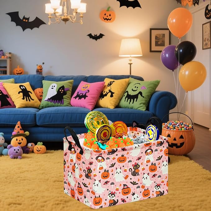 Pink Halloween Storage Basket for Girls, Pumpkin Ghost Bat Spider Design