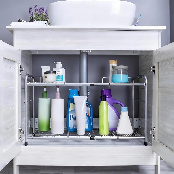 FlagShip 2 Tier Under Sink Organizers and Storage Rack Expandable Cabinet Shelf for Kitchen Bathroom Silver (17-25 inches)