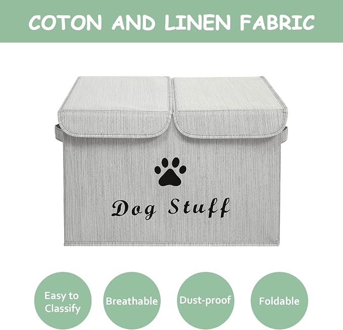 Large Storage Boxes - Large Linen Fabric Foldable Storage Cubes Bin Box Containers with Lid and Handles for Dog Apparel & Accessories, Dog Toys(BambooGray)