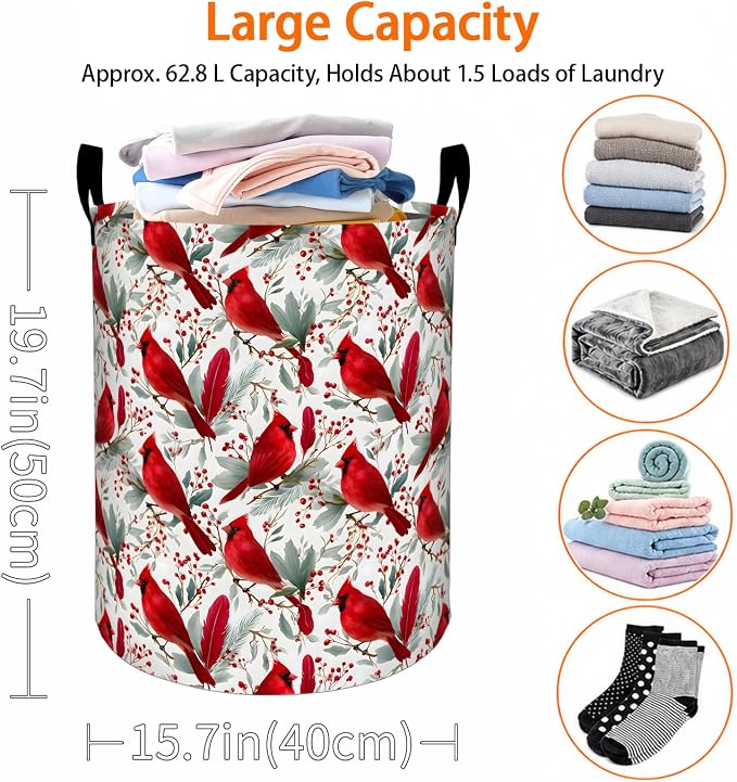 Elegant Cardinal Bird Laundry Basket, Red Berry Branch Oxford Cloth Dirty Clothes Collapsible Hamper for Room Decor, Winter Gifts, Toy Organizer 19.7 x 15.7 Inches for Bedroom Bathroom Dorm
